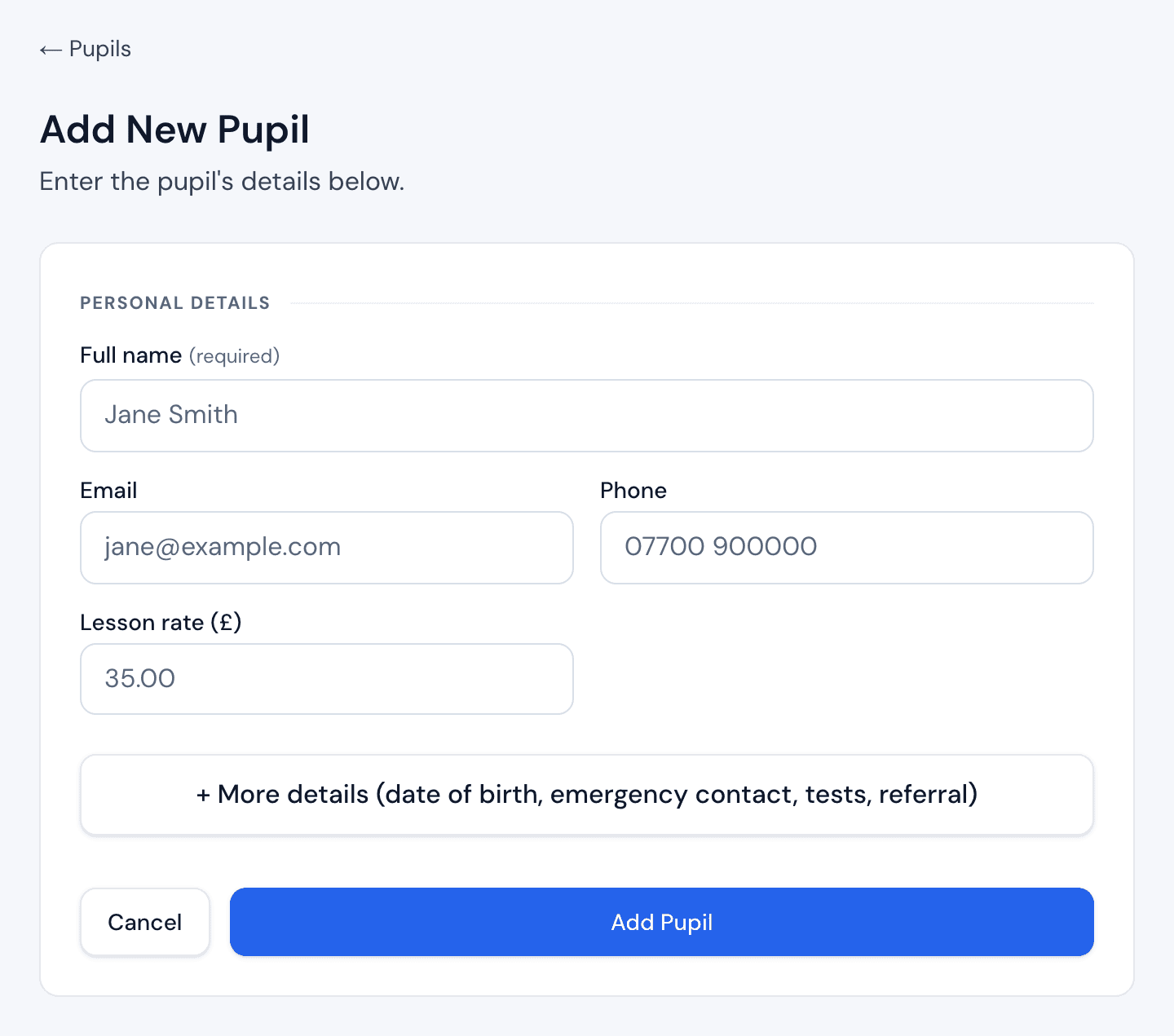 The Add New Pupil form in Orbit, with Full name, Email, Phone and Lesson rate fields