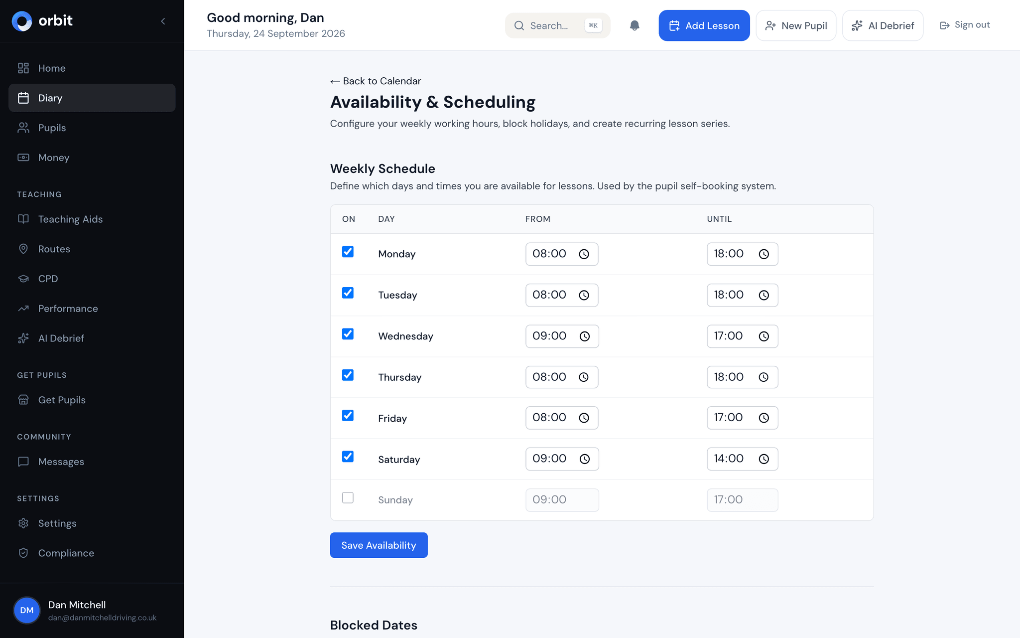 Set your working hours and availability