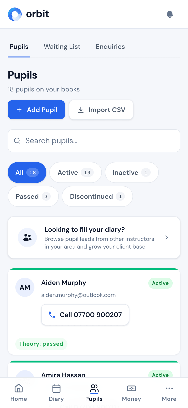 Manage pupils on mobile