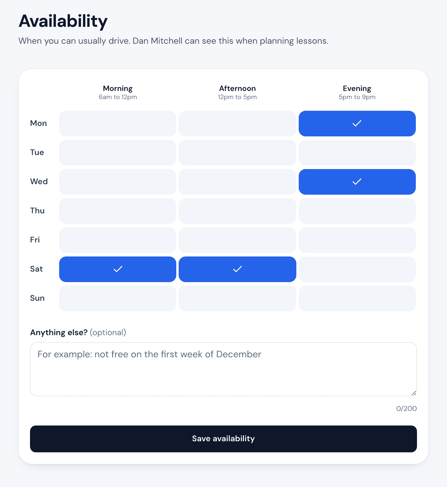The Availability page: a row for each day with Morning, Afternoon and Evening buttons, some ticked, a note box and Save availability