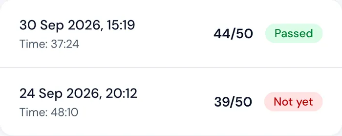 Orbit mock test history: 44 out of 50 marked passed and 39 out of 50 marked not yet, each with the time taken (demo account)