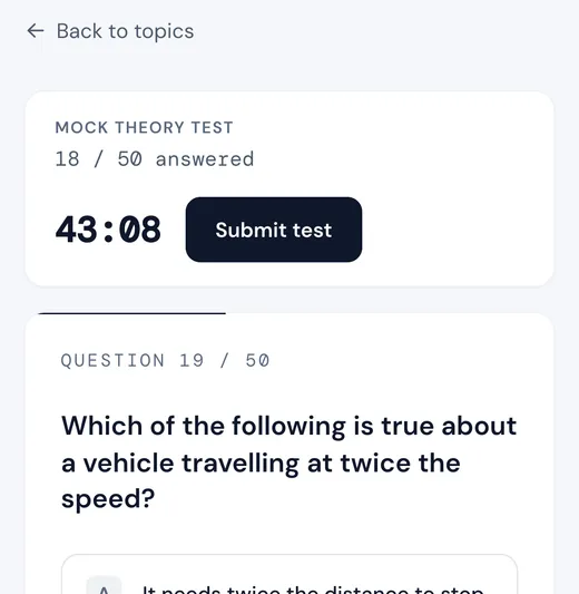 Orbit mock theory test in progress with the countdown timer and question 19 of 50 (demo account)