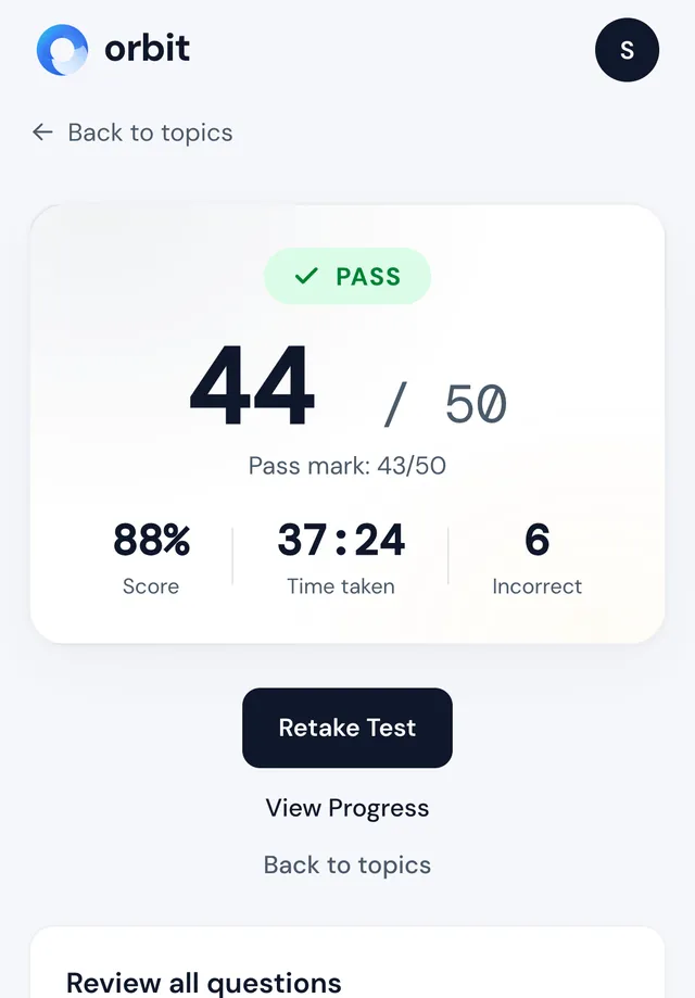 Orbit mock test result screen: pass, 44 of 50 against a pass mark of 43, with time taken (demo account)