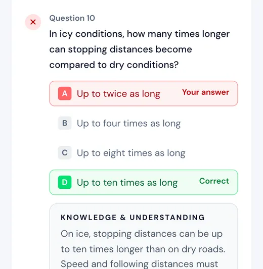 Orbit mock test review showing a wrong answer, the correct answer and the explanation (demo account)
