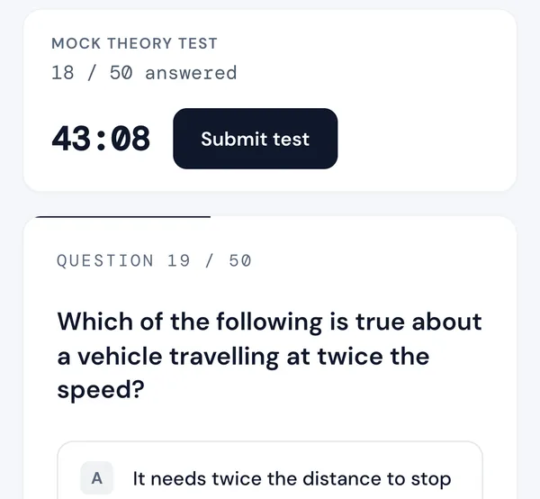 Orbit mock theory test in progress with the countdown timer and question 19 of 50 (demo account)