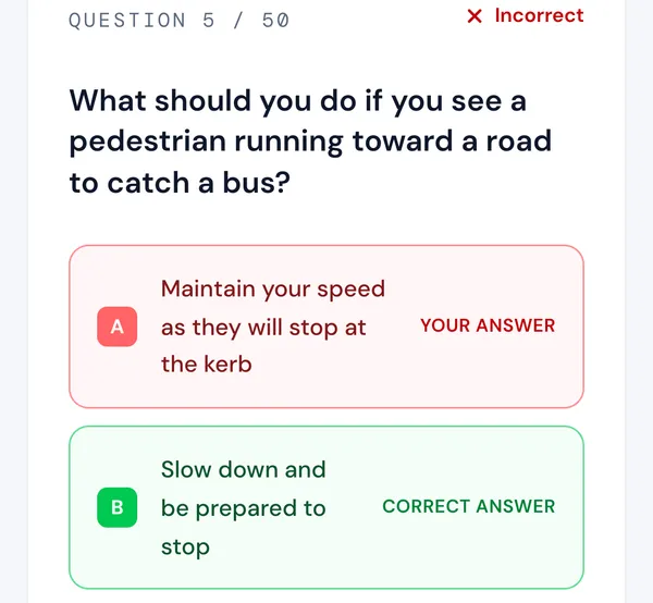 Orbit practice question answered wrongly, showing your answer next to the correct answer (demo account)