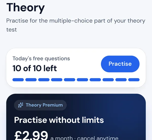 Orbit theory home on a free account: today's free questions, 10 of 10 left, with a Practise button (demo account)