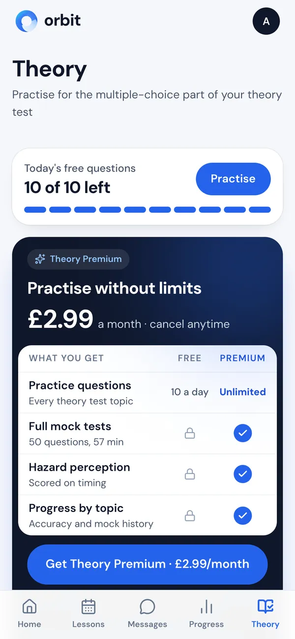 Orbit theory home on a free account: today's free questions, 10 of 10 left, with a Practise button (demo account)